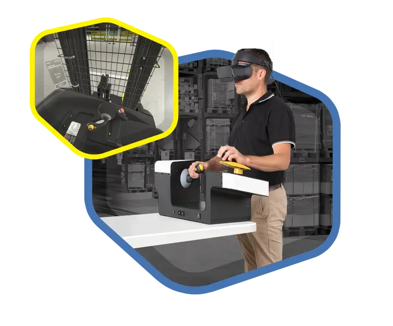 Trainer coaching a trainee on the Desktop Stand-Up simulator
